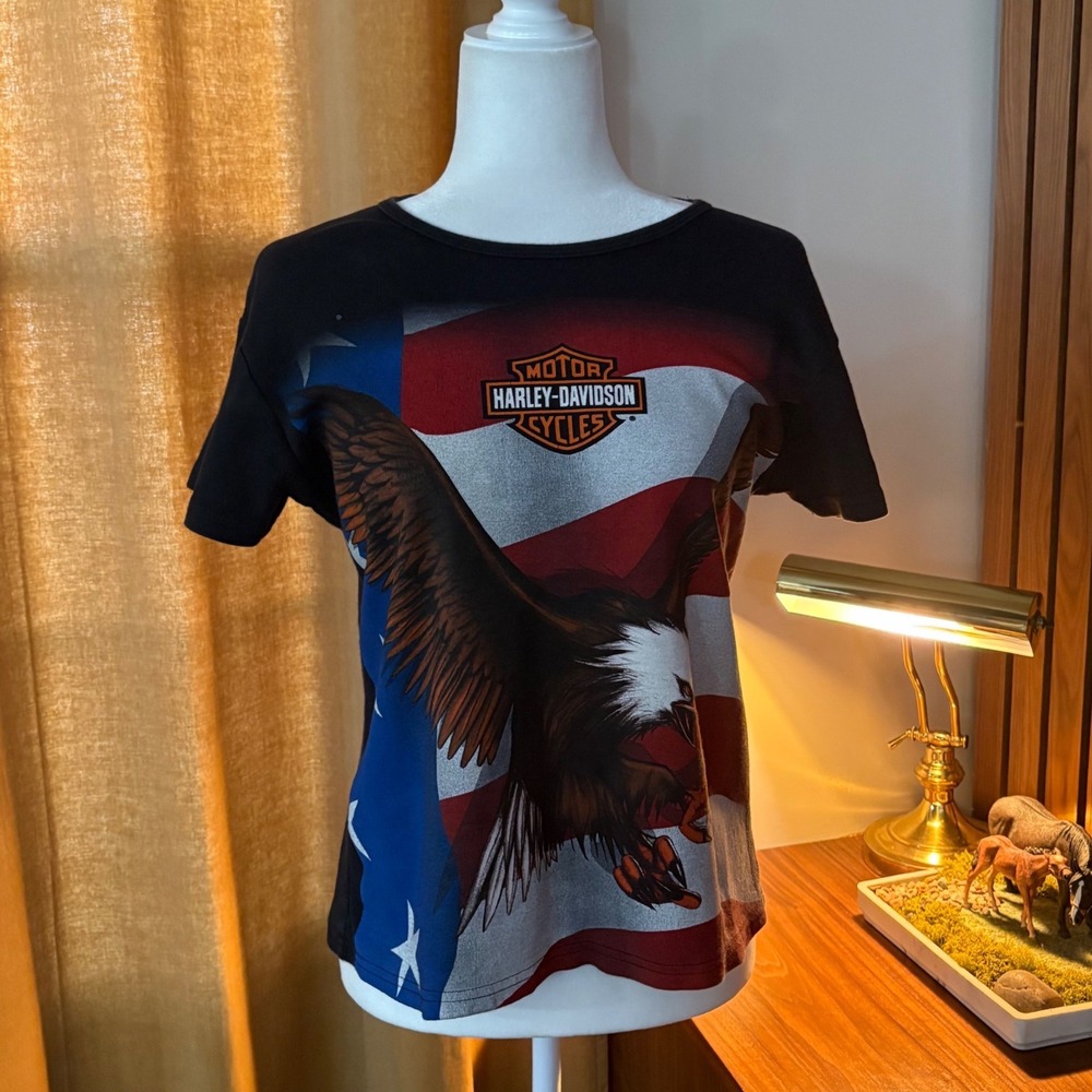 Harley-Davidson Eagle American Flag Graphic T-Shirt Black Pocatello Idaho Women